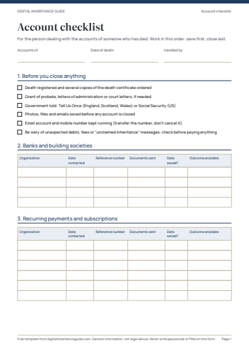 First page of the Account checklist for executors and family template