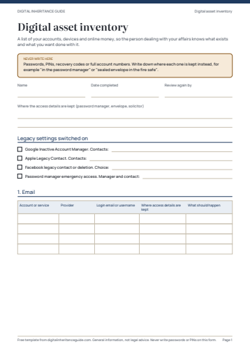 First page of the Digital asset inventory template