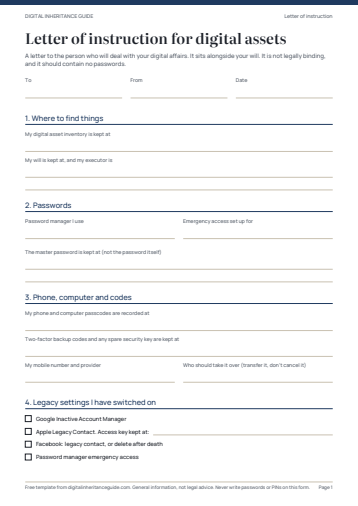 First page of the Letter of instruction for digital assets template